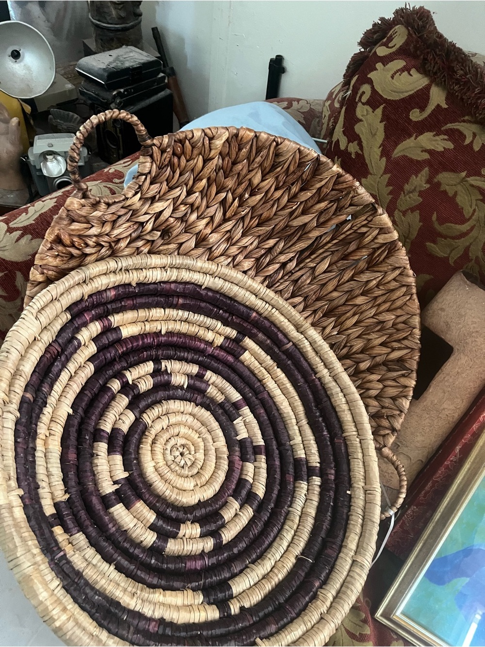 Woven Decorative Round Baskets - Natural and Dark Brown